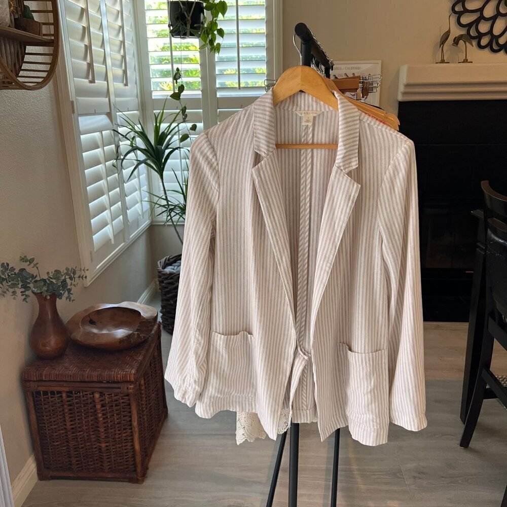 Caslon Blazer Womens SZ Small Tan & White Striped Open Front Linen Blend Coastal - Picture 16 of 16